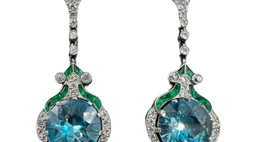Blue Zircon Emerald Diamond Platinum Dangling Earrings