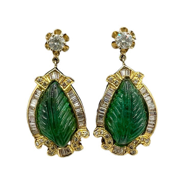 Vintage Carved Emerald Diamond Gold Earrings - Jacob's Diamond and Estate Jewelry