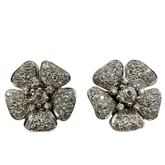 Vintage Diamond Flower Platinum Clip On Earrings - Jacob's Diamond and Estate Jewelry