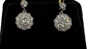 Diamond Cluster Platinum Gold Drop Earrings