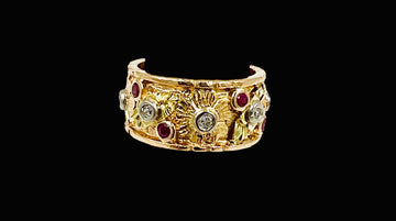 1940s Retro 14k Pink Gold Ruby Diamond 9mm Wide Band Ring