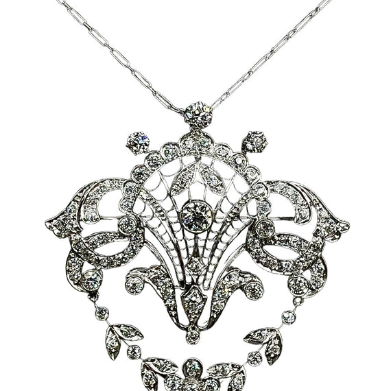 Edwardian Old European Diamond Platinum Brooch Pendant Necklace Circa 1910