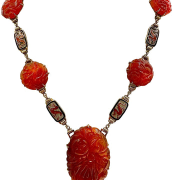 Art Deco Carved Carnelian And Enamel Dragon Yellow Gold Necklace Circa 1925