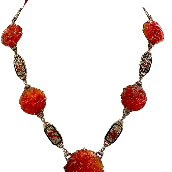 Art Deco Carved Carnelian And Enamel Dragon Yellow Gold Necklace Circa 1925