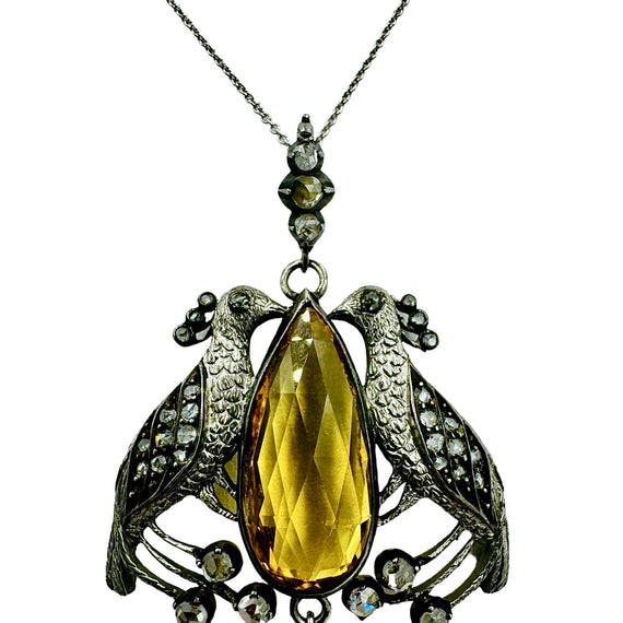 Victorian Peacock Birds Citrine Diamond Pendant Necklace Circa 1890s