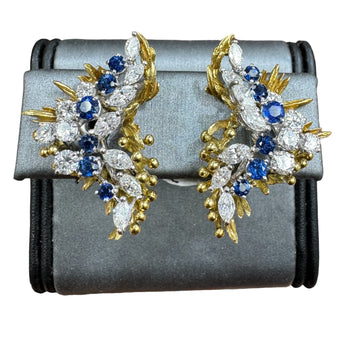 1970s Sapphire Diamond Clip On Yellow Gold Platinum Earrings