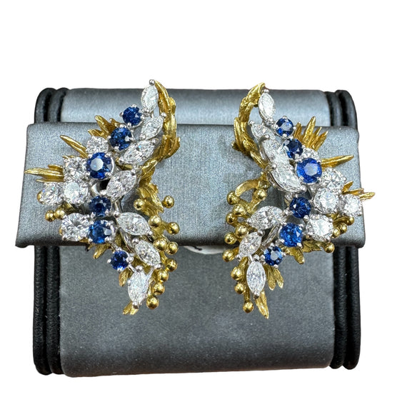 1970s Sapphire Diamond Clip On Yellow Gold Platinum Earrings