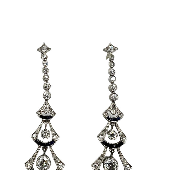 Art Deco Diamond Sapphire Platinum Dangling Earrings