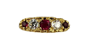 Estate Ruby Diamond Five Stone Yellow Gold Band Ring