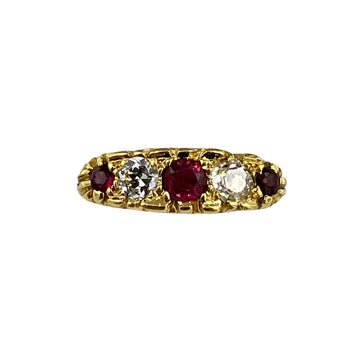 Estate Ruby Diamond Five Stone Yellow Gold Band Ring