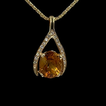 Citrine Diamond Yellow Gold Wishbone Pendant Necklace