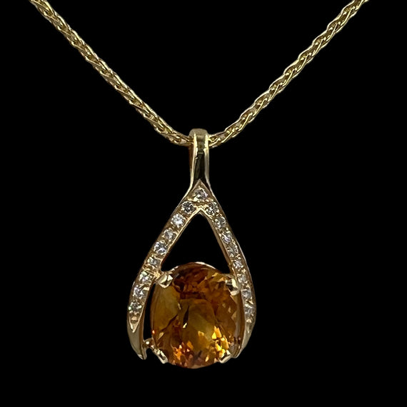 Citrine Diamond Yellow Gold Wishbone Pendant Necklace