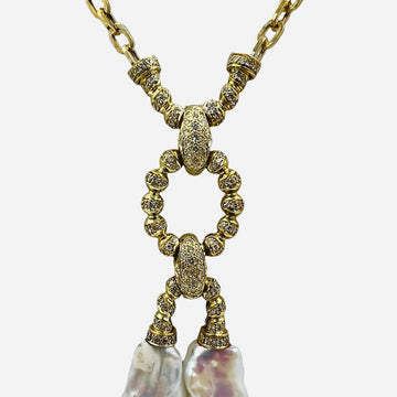 Estate Biwa Pearl Diamond Yellow Gold Link Necklace