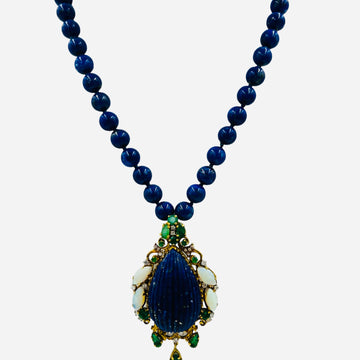 Lapis Emerald Opal Diamond Yellow Gold Pendant Necklace Circa 1970s