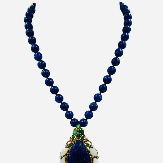 Lapis Emerald Opal Diamond Yellow Gold Pendant Necklace Circa 1970s