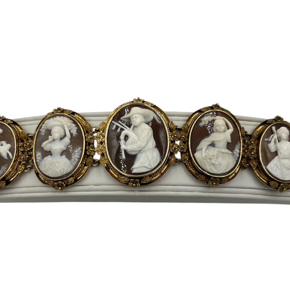 1890s Victorian Five Sardonyx Shell Cameo Gold Bracelet