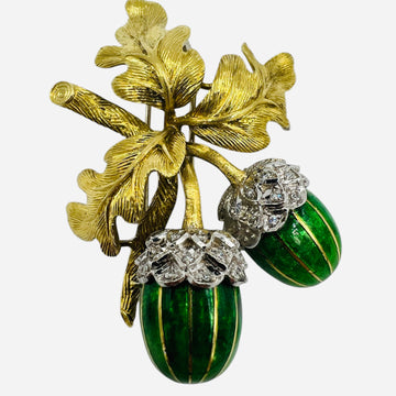 1970s Oak Leaves And Enameled Acorns 18k Yellow Gold Brooch