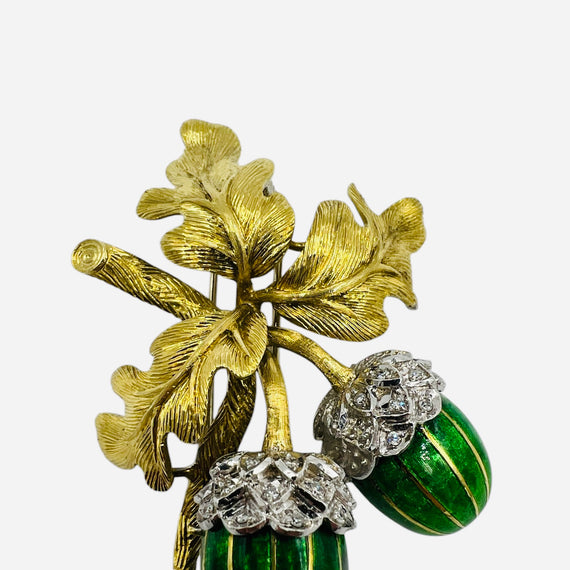 1970s Oak Leaves And Enameled Acorns 18k Yellow Gold Brooch