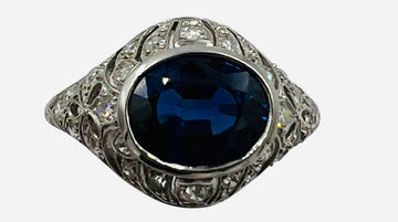 1930s Art Deco Sapphire Diamond Platinum Engagement Ring Size 8.5