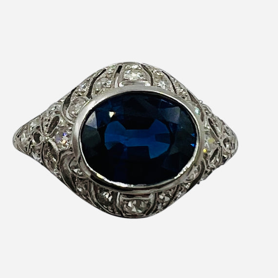 1930s Art Deco Sapphire Diamond Platinum Engagement Ring Size 8.5