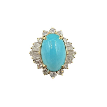 1990s Turquoise Diamond 14k Yellow Gold Cluster Ring