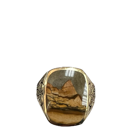 1950s Vintage Scenic Agate Stone 14kYellow Gold Ring Size 12.25