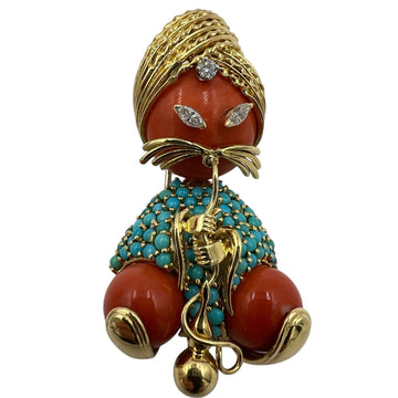 Vintage Genie Brooch With Coral Turquoise Diamond 18k Yellow Gold