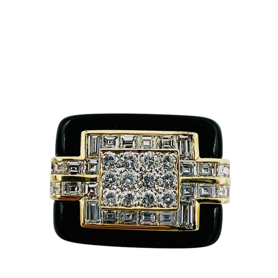 1970s Diamond Black Onyx 18k Yellow Gold Cocktail Ring