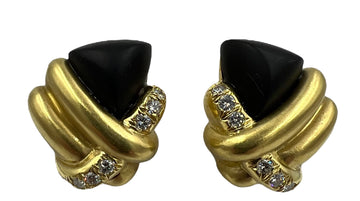 1970s Marlene Stowe Matte Onyx Diamond 18k Yellow Gold Clip On Earrings