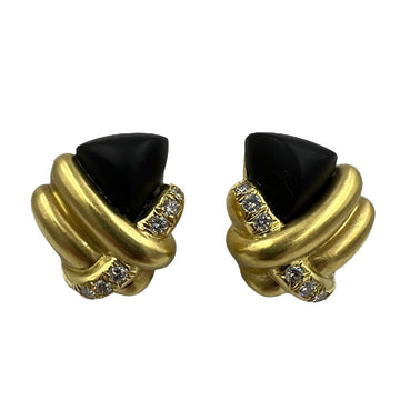 1970s Marlene Stowe Matte Onyx Diamond 18k Yellow Gold Clip On Earrings