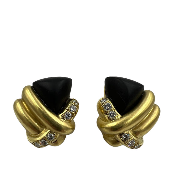 1970s Marlene Stowe Matte Onyx Diamond 18k Yellow Gold Clip On Earrings