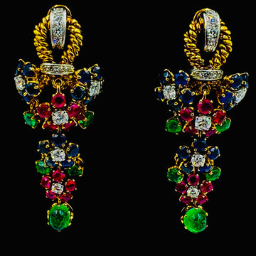 1950s Emerald Ruby Sapphire Diamond Dangling Clip On Earrings