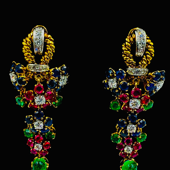 1950s Emerald Ruby Sapphire Diamond Dangling Clip On Earrings