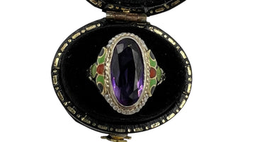 1930s Art Deco Amethyst Enamel Seed Pearl White Gold Ring