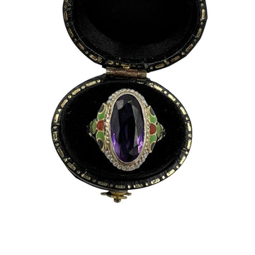 1930s Art Deco Amethyst Enamel Seed Pearl White Gold Ring