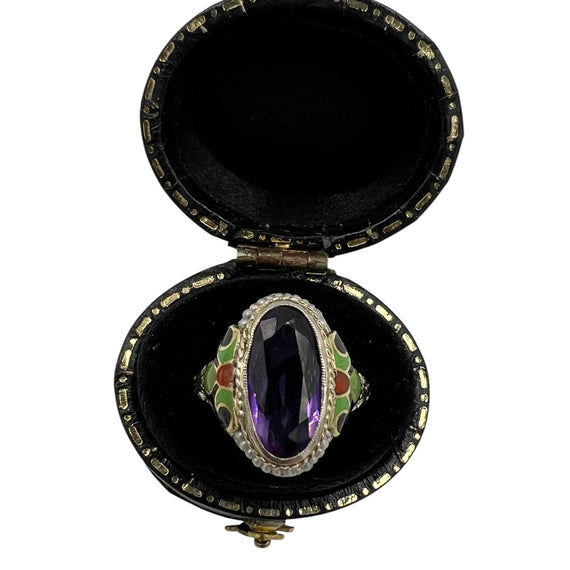 1930s Art Deco Amethyst Enamel Seed Pearl White Gold Ring