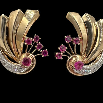 1940s Retro Ruby Diamond 14k Gold Earrings For Pierced Ears