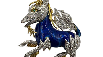 1970s Unicorn Enamel Diamond 18k Yellow Gold Brooch