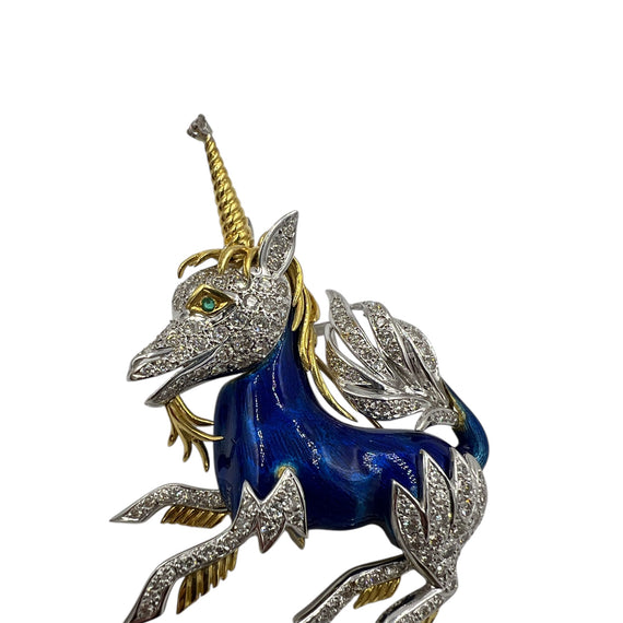 1970s Unicorn Enamel Diamond 18k Yellow Gold Brooch