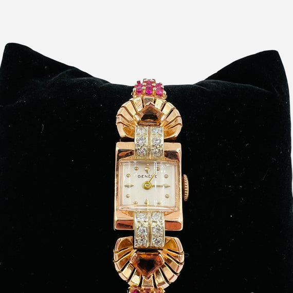 1940s Retro Pink Gold Citrine Ruby Diamond Wristwatch