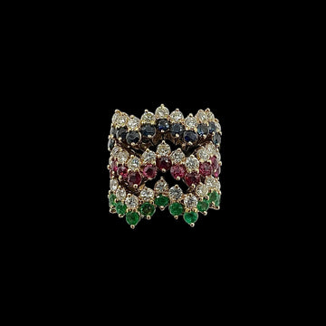 1970s Three Ring Set Diamonds Emeralds Rubies Sapphires 18k Yellow Gold Size 3.75