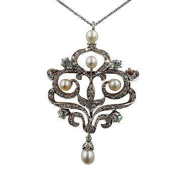 1910 Edwardian Diamond Pearl Brooch Pendant Platinum And Gold
