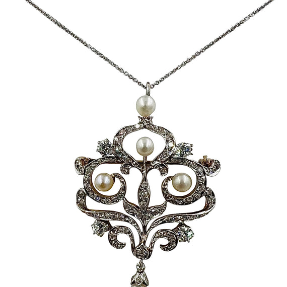 1910 Edwardian Diamond Pearl Brooch Pendant Platinum And Gold