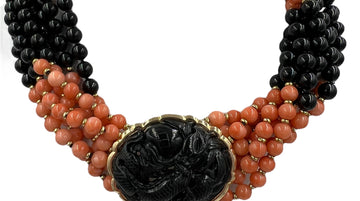 Coral Onyx Black Jade Multi Strand Torsade Bead Necklace