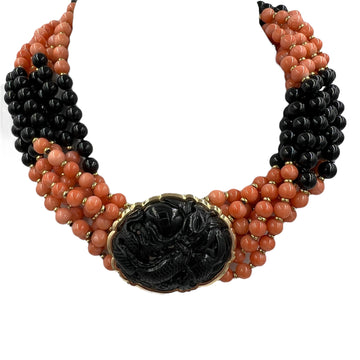 Coral Onyx Black Jade Multi Strand Torsade Bead Necklace