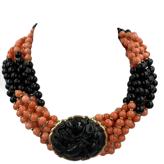 Coral Onyx Black Jade Multi Strand Torsade Bead Necklace