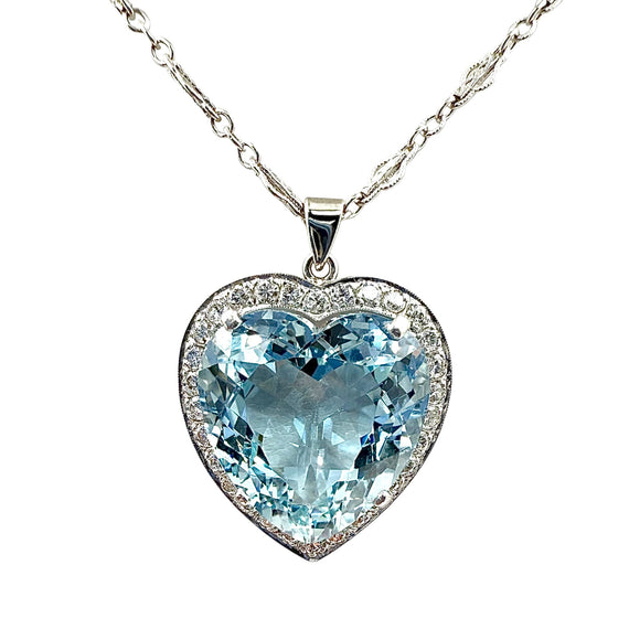 1950s Heart Shape Aquamarine Diamond Platinum White Gold Pendant Necklace