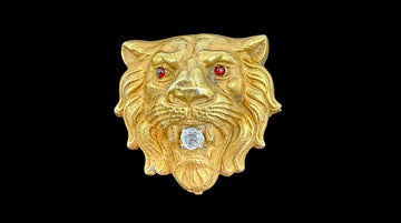 Antique Lion Brooch Diamond Yellow Gold Circa 1900