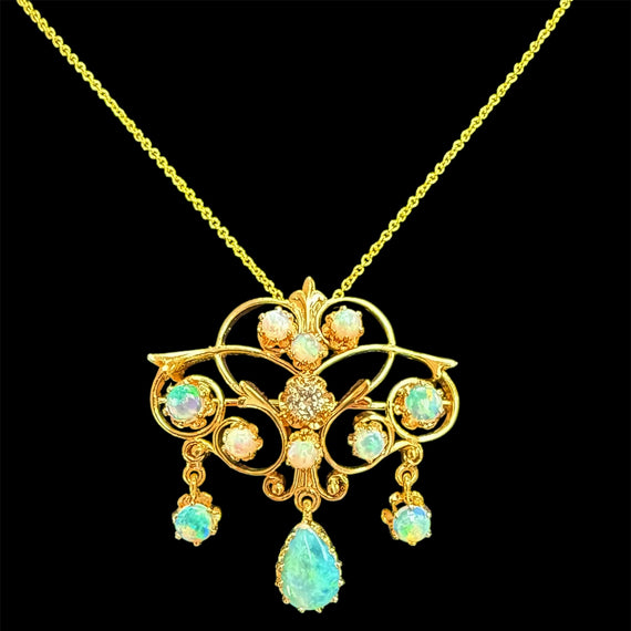 Vintage 1960s Opal Diamond Yellow Gold Pendant Brooch