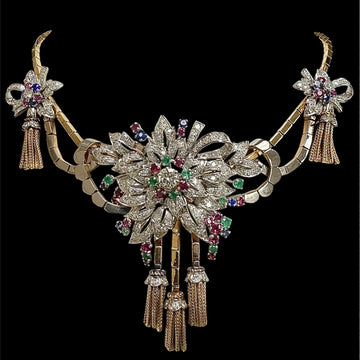 1940s French Retro Diamond Emerald Ruby Sapphire 18k Platinum Necklace - Jacob's Diamond and Estate Jewelry